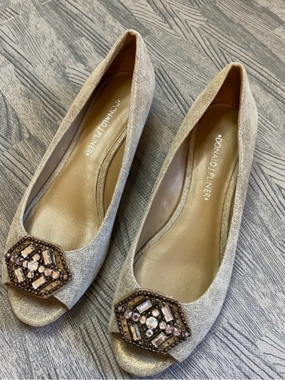 Donald J Pliner SONET Metallic Gold Jeweled Peep Toe Wedges 6.5 M NWOT